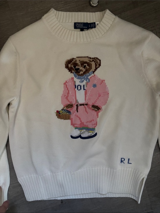 Polo Ralph Lauren Sweaters - Polo by Ralph Lauren White Crewneck Sweater with Pink Bear Motif